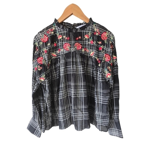 Zara Basic  Denim Embroidered Floral Checked Shirt Top Size Small Women - Picture 3 of 13